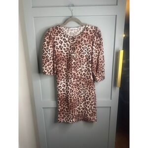 Rebecca Minkoff Leopard Print Linen Blend Puff Sleeve Mini Shift Dress Brown S